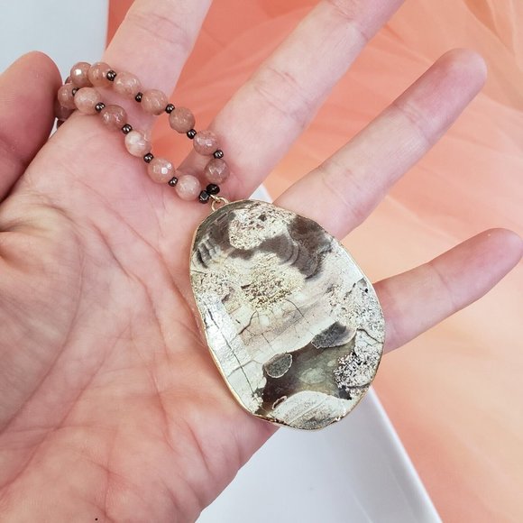 Large Gray & White Jasper Stone Pendant on Brown Cord Necklace Pink Agate Beads - Picture 7 of 12